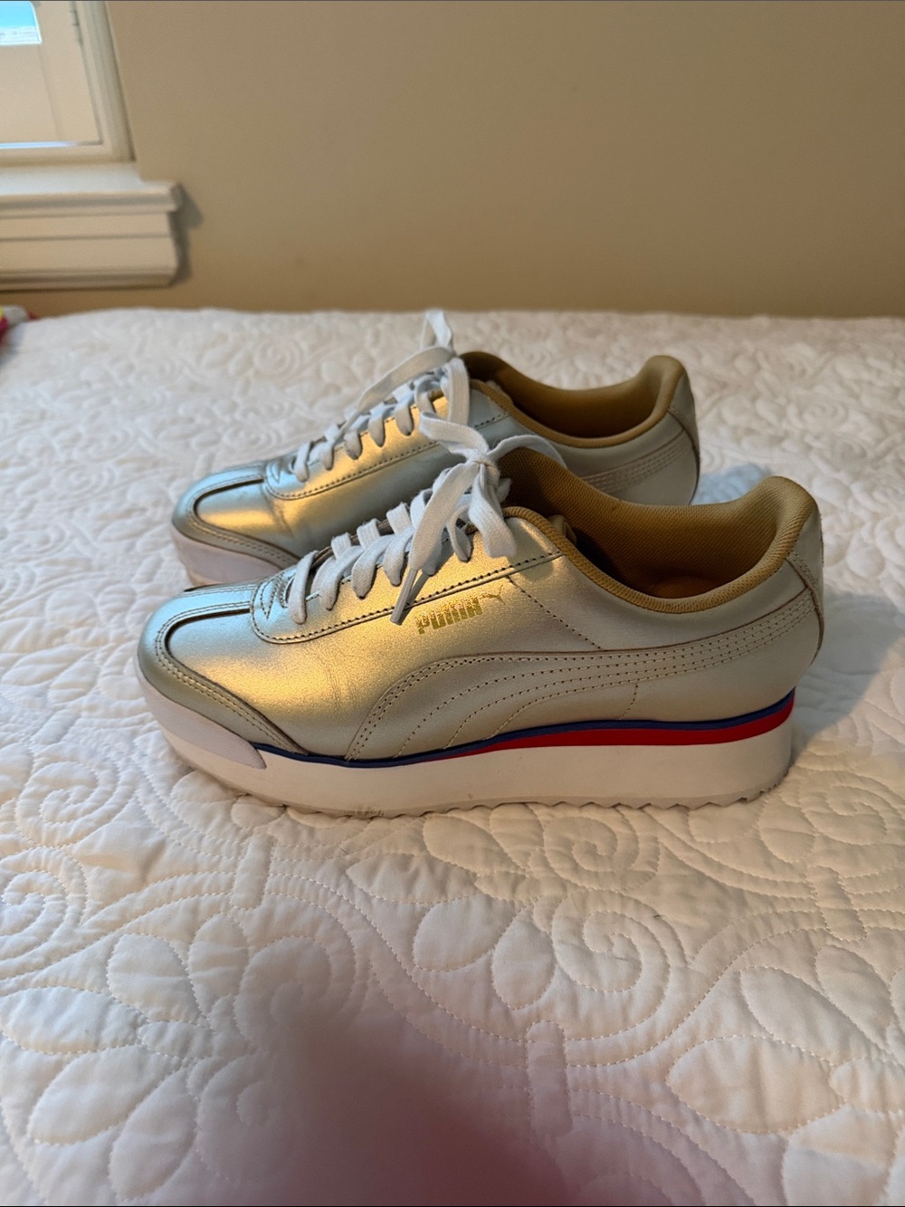 Puma Gold Platform Sneakers with Red & Blue Accents